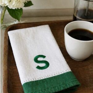 Set of 2 White and Green “S” Monogrammed Tea Towels